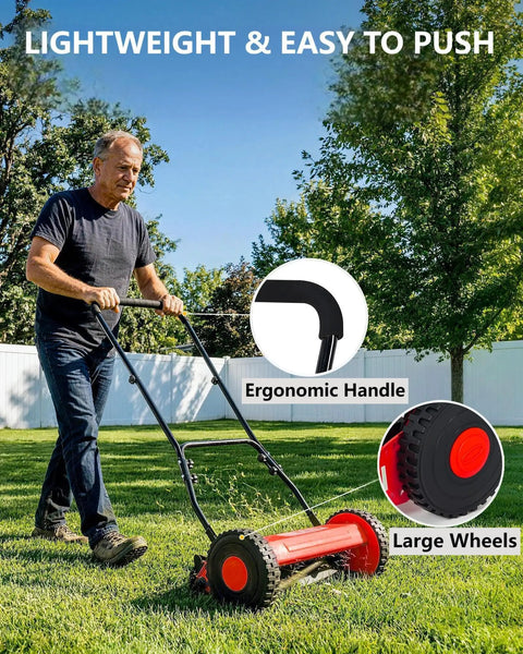 14 Inch Hand Push Reel Lawn Mower With A Five Blade Cutting Reel For A Clean Scissor Cut, No Fuss Manual Push, Adjustable Cutting Height From 0.4 To 4 Inches, Selectable 14 Or 16 Inch Width For Small Yards And Dry Grass. man pushing red reel mower with ergonomic handle and large wheels on lawn