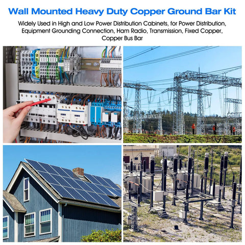 Heavy Duty Copper Ground Bar Kit for electrical panels and industrial wiring with 24 holes, UL C11000 copper, 2500V rating