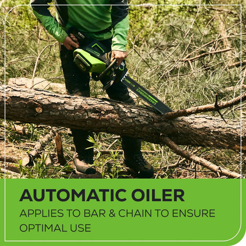 Person using 82V 18 Inch Brushless Cordless Chainsaw With 2.7kW Power, 210 Cuts Per Charge, 4.0Ah Battery for tree trimming.