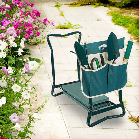 Folding Garden Kneeler Seat With Soft Foam Pad And Tool Pouch, Portable Bench For Gardening And Fishing in garden setting