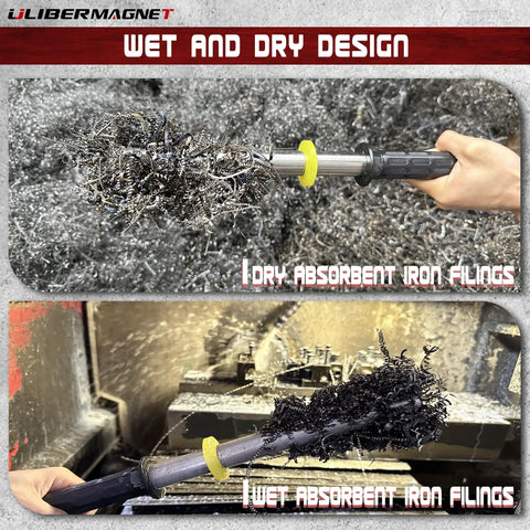 Heavy Duty Magnetic Pickup Tool With 8000 Gauss Neodymium Magnet, collecting wet and dry iron filings in action