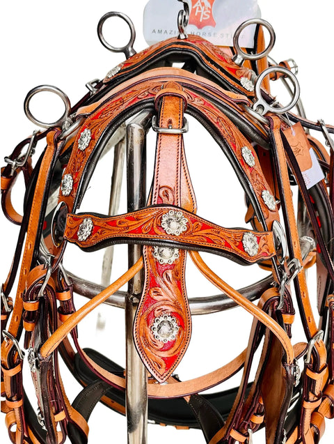 Front view of Three Tone Leather Horse Driving Harness For Single Horse Cart With Designer Conchos, Shetland Size