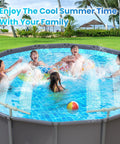Family enjoying pool with Dual Spray Pool Fountain For Above Ground And In Ground Pools, Waterfall Sprinkler visible