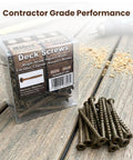 Beefy 10 By 3.5 Inch Deck Screws With Square Drive Bugle Head in Brown Ceramic Ruspert Coated Exterior Wood Screws for Pressure Treated Lumber, Corrosion Resistant, 250 Piece Box on wooden surface.