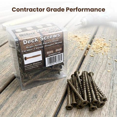 Beefy 10 By 3.5 Inch Deck Screws With Square Drive Bugle Head in Brown Ceramic Ruspert Coated Exterior Wood Screws for Pressure Treated Lumber, Corrosion Resistant, 250 Piece Box on wooden surface.