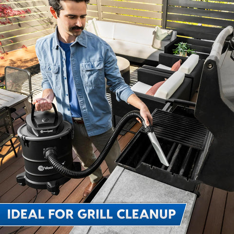 Person using 6 Gallon Ash Vacuum With 8 Amp Motor, Ultra Quiet Power, Beefy Suction, Portable Shop Vac With Carry Handle And Caster Wheels, Onboard Accessory Storage, LED Work Light, Black on grill.