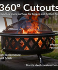 Crossweave Outdoor Wood Burning Fire Pit for Patio or Yard 36 Inch Round Black Fire Pit with Spark Screen showing 360-degree cutouts