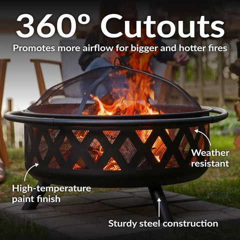 Crossweave Outdoor Wood Burning Fire Pit for Patio or Yard 36 Inch Round Black Fire Pit with Spark Screen showing 360-degree cutouts