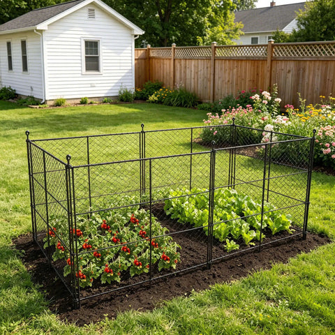 Six Panels Black Chicken Wire Garden Fence Set Keeps Critters Out Of Veggies And Lets You Shape It Into Rectangles Or Squares Includes Stakes For Raised Beds installed around vegetable garden.