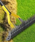 Heavy Duty Pro Grade Thatch Rake For Lawns 15 Inch Dual Action Dethatcher shown in use on green grass, with yellow handle.
