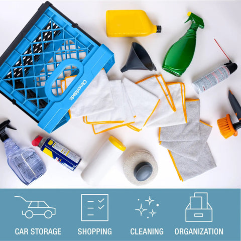 Neptune Blue Collapsible Milk Crate 3 Pack 25L shown with cleaning supplies for multipurpose organization