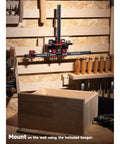 Upgraded Cabinet Hardware Jig Featuring Micro Adjustment Slider For Dead On Drawer Pull Template Alignment No Fuss Drill Bit Storage Slick Woodworking Calibration Tool mounted in a workshop.