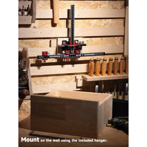 Upgraded Cabinet Hardware Jig Featuring Micro Adjustment Slider For Dead On Drawer Pull Template Alignment No Fuss Drill Bit Storage Slick Woodworking Calibration Tool mounted in a workshop.