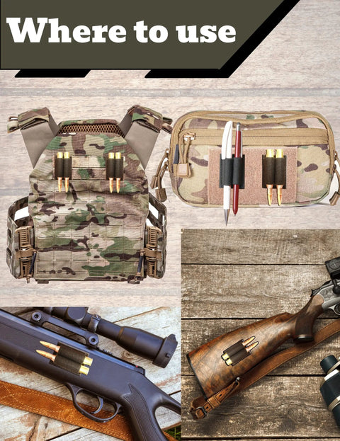 Two Round Rifle Cartridge Holder with Hook and Loop Fastener and Adhesive Backing for buttstock or side mount display