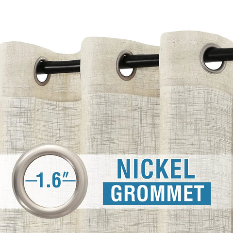 Close-up of Cozy Natural Linen Blend Curtains For Living Room With Burlap Texture And Light Filtering Nickel Grommet Two Panel Set