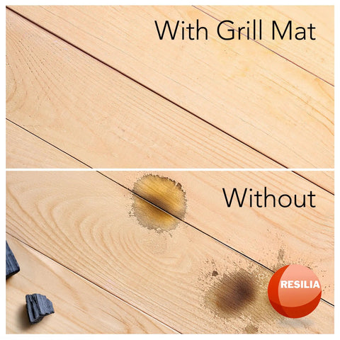 Comparison of deck with and without Heavy Duty Round Grill Mat For Deck, Patio And Garage; prevents grease and charcoal stains.