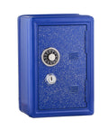 Metal Kids Safe Bank with Key and Combination Lock in Blue, durable mini lockbox for kids with coin slot, shown in upright position.