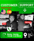 Customer support team members Elvis and Matthew available Monday to Saturday, providing assistance in English and Spanish.