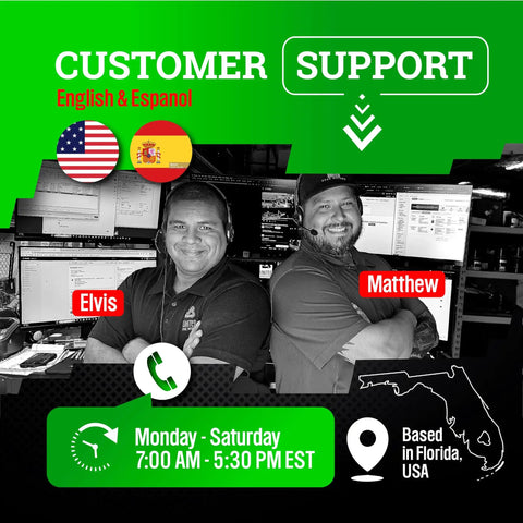 Customer support team members Elvis and Matthew available Monday to Saturday, providing assistance in English and Spanish.