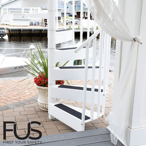 No Slip Stair Treads With 80 Grit PET Non Skid Tape installed on white spiral outdoor staircase view