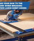 Kreg Rip-Cut circular saw guide on blue base, installed on plywood with edge guide rail