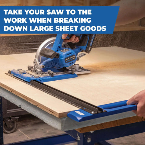 Kreg Rip-Cut circular saw guide on blue base, installed on plywood with edge guide rail