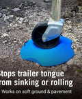 Two Trailer Wheel Chocks With Rope And Wheel Dock for boat trailers on gravel, blue wheel dock under trailer tongue wheel, prevents sinking.