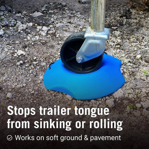 Two Trailer Wheel Chocks With Rope And Wheel Dock for boat trailers on gravel, blue wheel dock under trailer tongue wheel, prevents sinking.