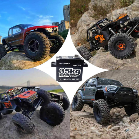 RC cars on rocky terrain with Beefy 35Kg Digital Servo At 8.4V With Full Metal Gear IP67 Waterproof, showcased for power and control.
