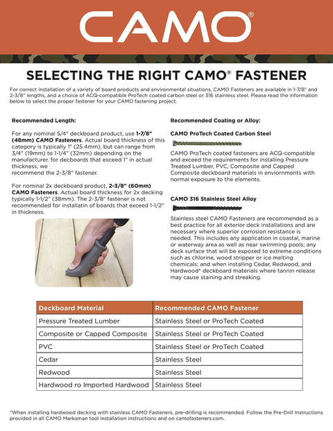 Guide for selecting CAMO fasteners showing recommended lengths, coatings for various deck materials with a hand using a fastener.