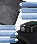 Cordless Knee Massager With Heat And Battery Pack showing control panel and breathable fabric, features heat levels and massage modes.