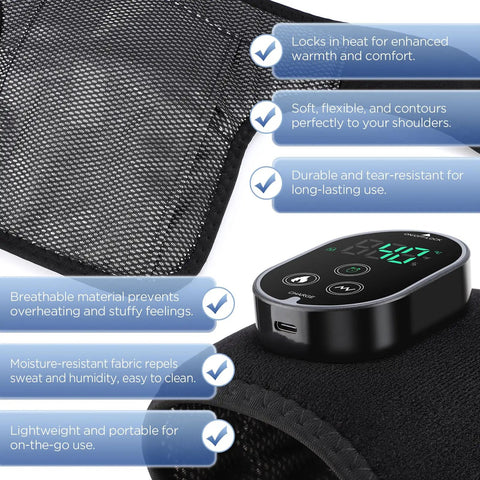Cordless Knee Massager With Heat And Battery Pack showing control panel and breathable fabric, features heat levels and massage modes.