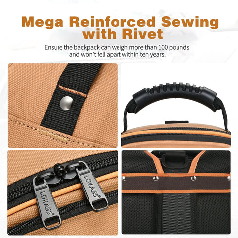 Heavy Duty Tool Backpack With Combo Lock And Dual Canvas Pouches Built Like A Tank For Electricians And Contractors Kicking It High On The Daily Grind In Brown, showing reinforced sewing with rivet details.