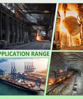 Various industrial applications including factory interior, metal pouring, shipping port, and underground tunnel.