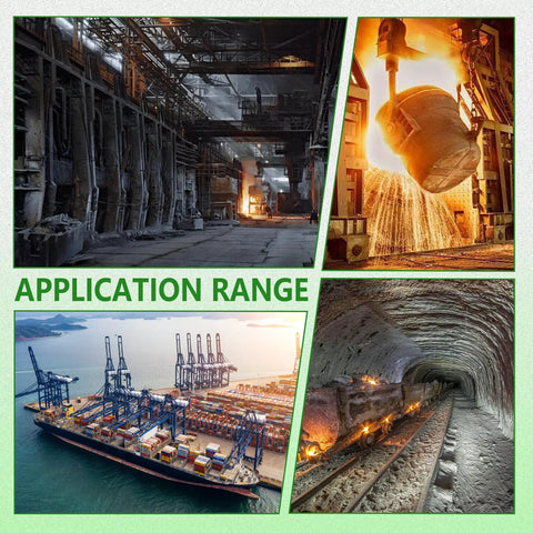 Various industrial applications including factory interior, metal pouring, shipping port, and underground tunnel.