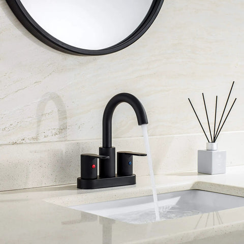 Must Have Matte Black Two Handle Centerset Bathroom Sink Faucet With Pop Up Drain High Arc 4 Inch Vanity Lavatory installed