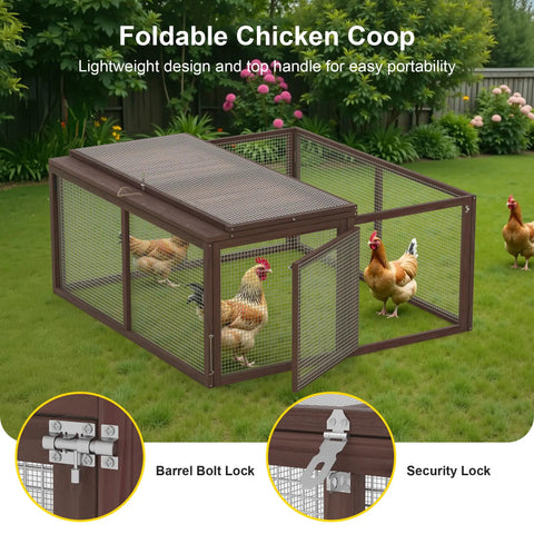 Weatherproof Wooden Chicken Coop Pen With Folding Rabbit Run shown outdoors with ventilated wire mesh and lockable doors.