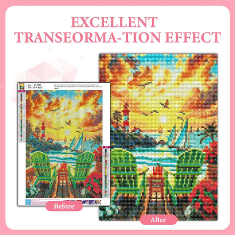 Before and after of Sunset Diamond Painting Kit For Adults, 5D Beach DIY Full Drill Round Gem Art, completed image transformation.