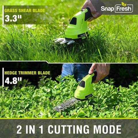 2 In 1 Cordless Hedge Trimmer And Grass Shears for garden yard and lawn, handheld with 3.3" grass and 4.8" hedge blades