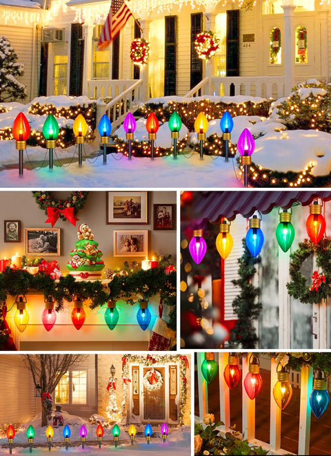 Two Pack Jumbo C9 Christmas Pathway Lights For Outdoor Decor, 17 Feet Total With Ten Multicolor LED Bulbs, Stakes Included