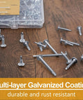 All In One Self Tapping Screws Set For Metal Wood And Plastic 125Pcs scattered on wood surface with clear organizer box