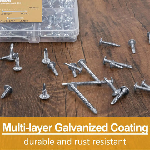 All In One Self Tapping Screws Set For Metal Wood And Plastic 125Pcs scattered on wood surface with clear organizer box