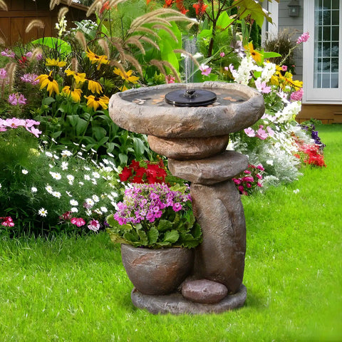 Solar Fountain For Bird Bath And Planter, Freestanding Rock Waterfall With LED Lights for Garden Patio and Yard