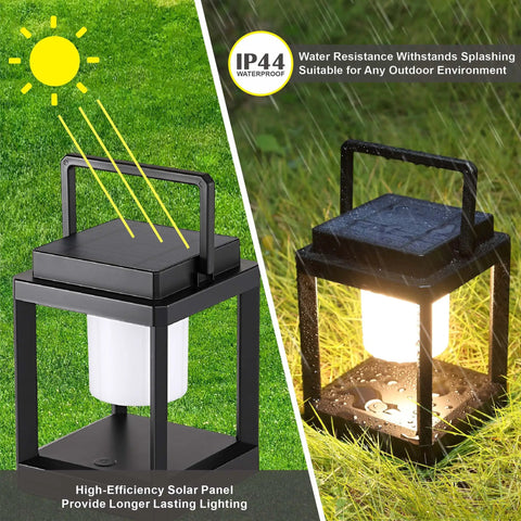 Outdoor Table Lamp With Bright LED Light, Solar Powered Rechargeable Lantern showing waterproof feature in daylight and rain