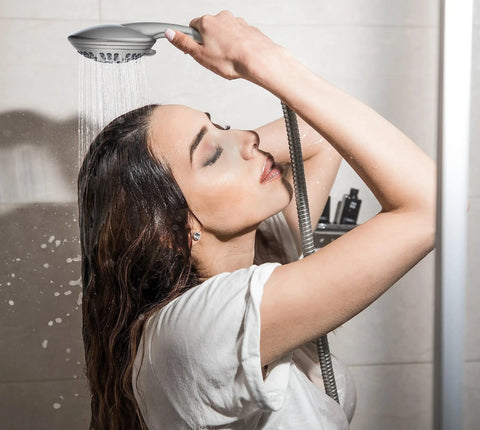 Person enjoying shower with High Pressure Shower Head With Six Spray Settings, Solid Brass Arm Mount, Stainless Steel Hose