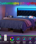 Modern Full Size Bed Frame With App Controlled LED Lights And Built In Dual USB Ports, Padded PU Leather Headboard in a stylish bedroom.