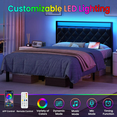 Modern Full Size Bed Frame With App Controlled LED Lights And Built In Dual USB Ports, Padded PU Leather Headboard in a stylish bedroom.