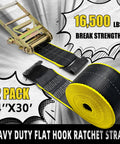 Heavy Duty 4 Inch Ratchet Cargo Straps 2 Pack With Reflective Center Stripe And Hammerlock Flat Hooks, 4"x30", 16,500 lbs break strength.
