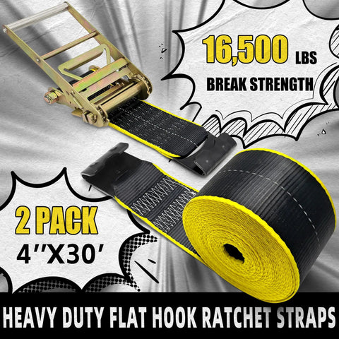 Heavy Duty 4 Inch Ratchet Cargo Straps 2 Pack With Reflective Center Stripe And Hammerlock Flat Hooks, 4"x30", 16,500 lbs break strength.