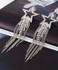 Silver Tassel Earrings With Hollow Star Stud And Pave Crystal Dangle Double Layer Beaded Fringe Boho Waterfall Drop Earrings For Everyday Shine Great For Day To Night Wear And Boho Chic Styling, silver star dangle pair